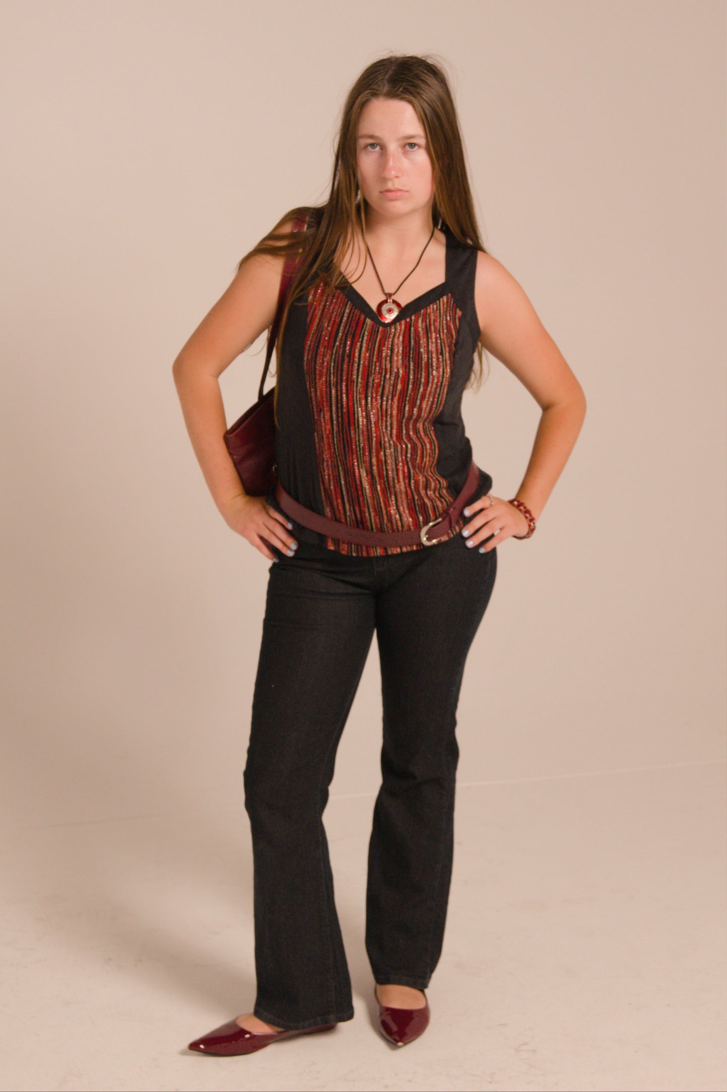 Bold Striped Black Tank Top with Red & Gold