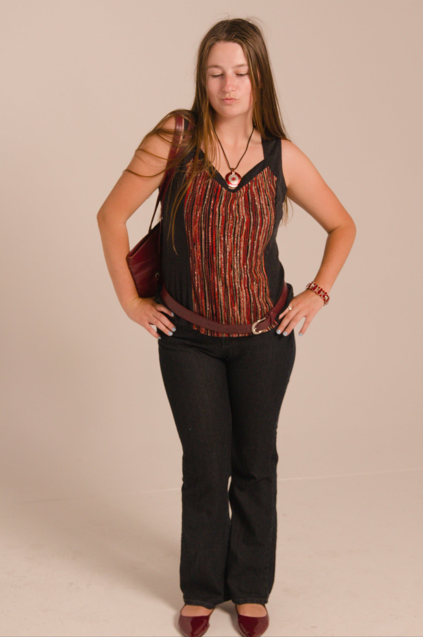 Bold Striped Black Tank Top with Red & Gold