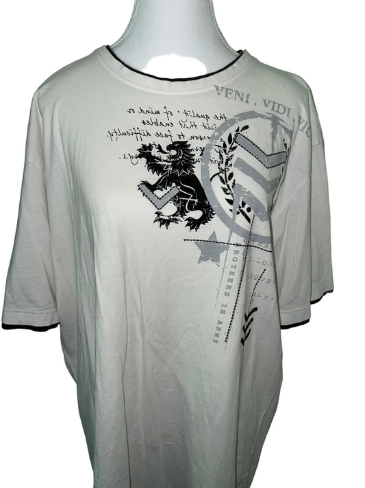 Baggy White Graphic Top with Grey & Black Design - Size XXL