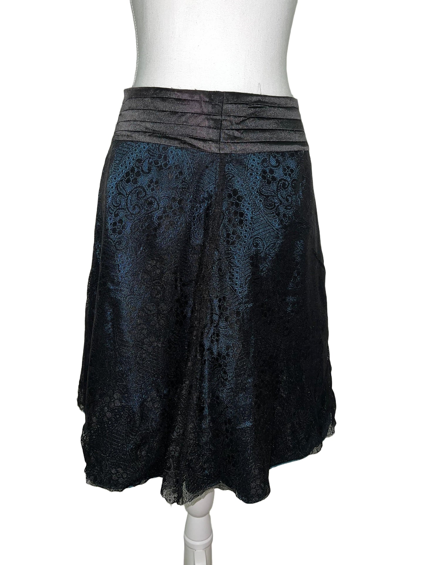 Midi black lace skirt, size S, with a teal underskirt and elegant lace overlay.