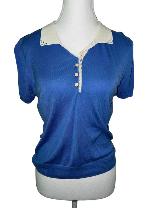 Blue Top with Jewelled White Collar - Fits S | Chic & Unique