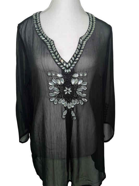 Glam Sheer Black Gem-Embellished Top - Size L | Party Ready