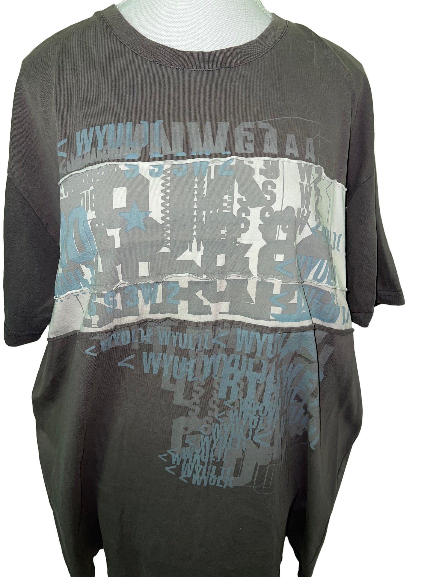 Grey Baggy Tee with White & Blue Lettering - Size XL | Vintage