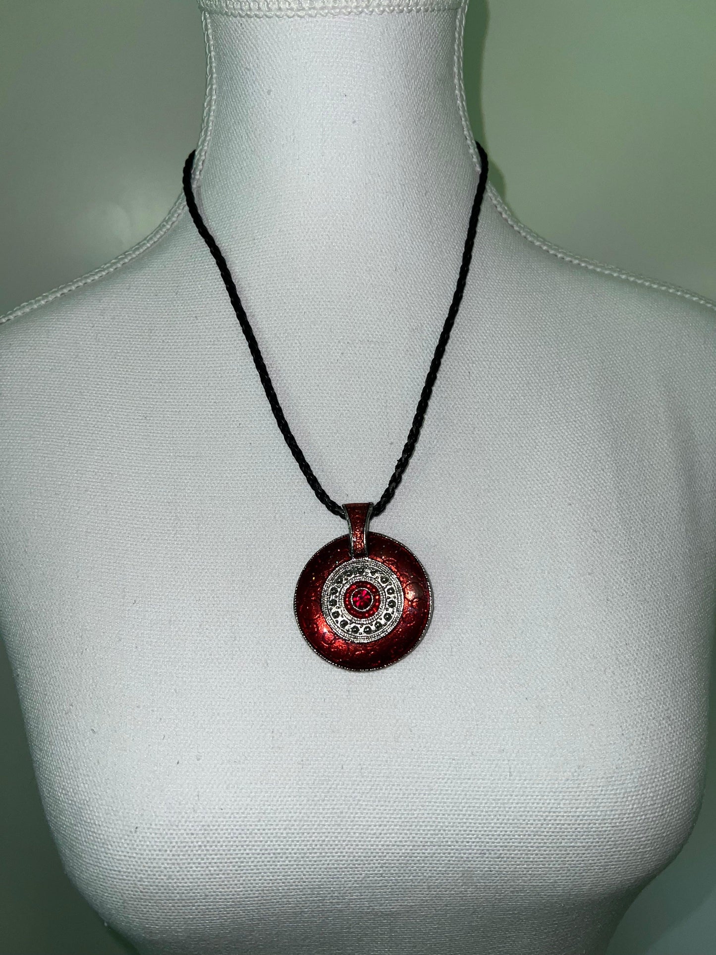 Red & Silver Bullseye Pendant Necklace with Earrings | Statement Set